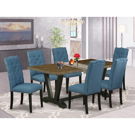 East West Furniture 7 Piece V-Style Dining Room Set - Wire Brushed Black V677EL121-7